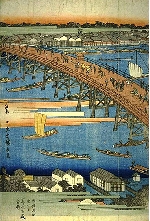 永代橋越しに深川新地の火の見櫓が見える(国立国会図書館所蔵)