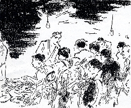 夕河岸の光景をとらえた挿絵：鏑木清方画「大東京繁昌記」より