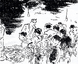 夕河岸の光景をとらえた挿絵:鏑木清方画「大東京繁昌記」より
